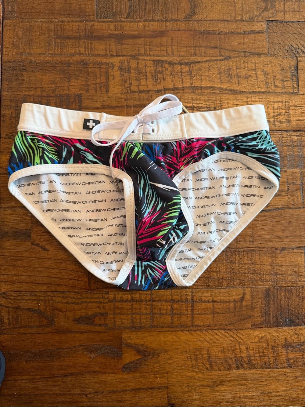 Andrew Christian Black Swim Brief with Neon Palm Print